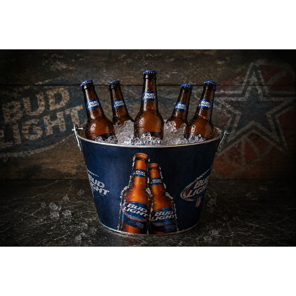 Bud Light‎ Metal Beer Bucket Galvanized Ice Pail Blue Barware Man Cave 9 Inch